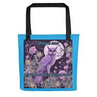 Wet My Plants, owl2, green leaves, bright blue background, tote bag