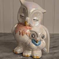 Vintage Lusterware Mother and Baby Owl Ceramic Figurine