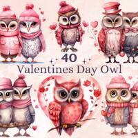 40 PNG Watercolor Valentine's Day Owls Clipart, Lovely Valentines Day Owl Couple Illustrations C