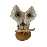 Owl Made of Sea Shells on Wood Base & Perch Vintage 1970s Souvenir 7 Inches High