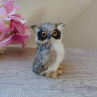 Figurine hibou en fausse fourrure, sculpture hibou en poils, statuette vintage hibou chouette d&eacu
