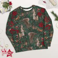 CHRISTMAS FOREST Sweatshirt with Owl Rabbit Squirrel Mouse Bullfinch & Poinsettias Design, Cotta