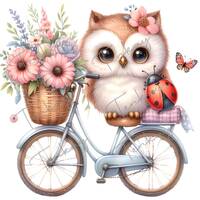spring animal clipart, bike png, cute owl png, bike with flowers, cute animal clipart, owl png, comm