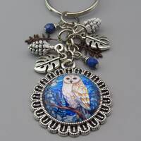 Barn Owl Keychain,Free Shipping,Photo Charm of Barn Owl,Metal Leaf and Pinecone,Branch Charms,Blue B