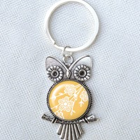 Butterfly Gold Pyrex Owl Keychain, Antique Silver Fob