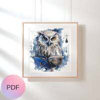 Owl Reading Book Cross Stitch Pattern , Watercolor X Stitch Chart , Instant Download , Pdf , Wizard 