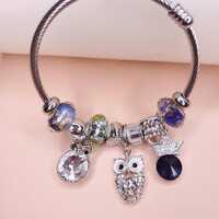 Stainless Steel Bracelet For Women Gift,Birthday Gift, Pandora Bracelet With Owls and Crown Charms,M