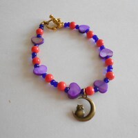 Owl on Moon Charm Bracelet:  Purple Shell Heart & Orange Glass Beads