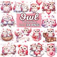 Watercolor Cute Owl Valentine Clipart, Couple Owls Valentine's Day, Owl Nursery Sublimation, Kaw