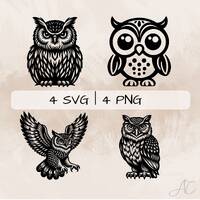 Owl SVG bundle, Owl With Glasses PNG, Owl Flying Clipart, Hand drawn Owl pictures for print and engr
