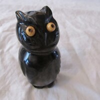 Black Carved Glass Wooden Eyed Owl Figurine