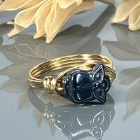 Carved Hematite Owl Ring- Sterling Silver, 14k Yellow or Rose Gold Filled Wire Wrapped- Custom Size 