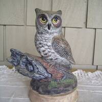 Vintage 1980 Scioto Ceramic Owl on Log Figurine 10.5",  Made in USA