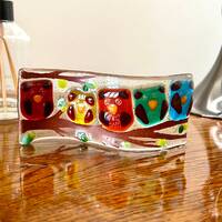 Fused glass rainbow of owls sitting in a branch, handpainted, rainbow, owl gifts