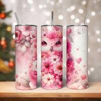 Pink Owl Flower 20 Oz Skinny Tumbler Sublimation Png, Pink Flower Valentine Tumbler Wrap Png Instant