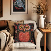 OWL PILLOW COVER Folk Art Valentines Day Woodland, Owl Home Decor, Owl Throw Pillow Cover, Boho Owl 