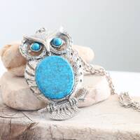 Large Owl Pendant Statement Necklace with Turquoise Cabochon // Vintage Jewelry // luluglitterbug