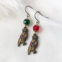 Hand Painted Multicolor Owl Mismatched Earrings/ Asymmetric Green & Red Czech glass beads/ gold