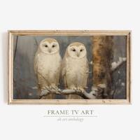 Frame TV Art Vintage Winter, Two White Owls Perched On Snow Covered Tree, Winter Art For The Frame T