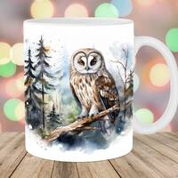 Watercolor Owl Mug Wrap, 11oz & 15oz Mug Template, Mug Sublimation Design, Forest Mug Wrap Templ