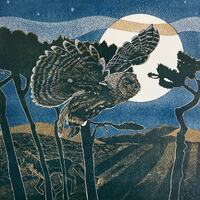 Linocut of Owl with Moon