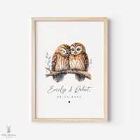 Owl Couple Art Print • Personalised Wedding Valentines Day Anniversary Gift for Husband Wife &b