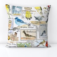 Nature Throw Pillow - Birds Owl Peacock Watercolor Stamps Decorative Square Throw Pillow - Waterco