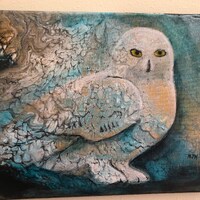 Owl Original Wall Art  Acrylic Contemporary Painting Snowy Owl Poured Painting