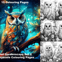 Owl Coloring Pages for Adults Set 2, 15 Greyscale Printable Gardenscape Adult Coloring Book Pages, D