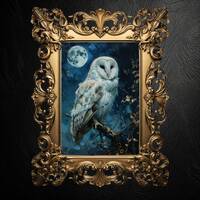 White Owl Full Moon Art Print: Dark Academia Goth Decor