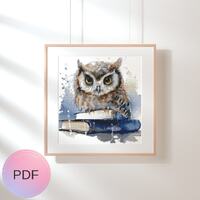 Owl With Book Cross Stitch Pattern , Watercolor X Stitch Chart , Instant Download , Pdf , Wizard , W