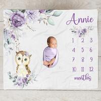 Floral Owl Milestone Blanket, Purple Floral Month Blanket, Personalized Baby Girl Woodland Milestone