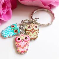 Owl keyring. Brown blue pink. Three little owls on silver tone split ring keychain. Brown owl and fr