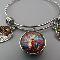 Owl Photo Snap Bangle Bracelet: Stainless Steel, Leaf Charms
