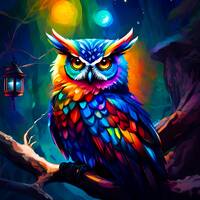 Bright and Colorful Owl on Limb with Lantern- Digital Downloads - JPEG - 300DPI - Sublimation - Craf