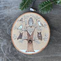 Superb Owl party in a snowy tree. Wood slice art, small wall hanging or large ornament. Handmade by