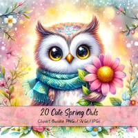 Cute Spring Owls Clipart, Watercolor Animal Images, High Quality Bundle, Funny Digital Download Grap