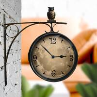 Double sided clock with Owl, station wall clock , moon, Black, gold color, quiet, railway, metal.
