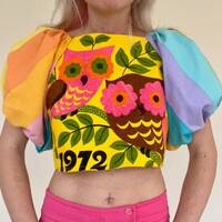Upcycled Puff Sleeve Crop Top 1970s Owl Rainbow Tea Towel Rainbow Stripe Hippie Psychedelic Trippy S