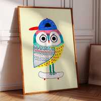 Owl Skater Art Print: Kids Wall Decor, Skateboarding Illustration For Children, Baby Nursery Decorat