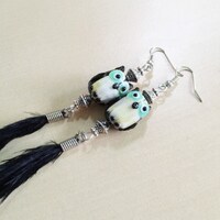 Glass Owl x Feather Earrings - Lampwork Glass Beads, Black/White/Mint Green Bird Beads, Black Rooste