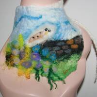 Needle felted Owl Neck Warmer Necklace. Soft Merino Wool. Ties up at back with recycled sari silk ri
