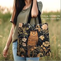 Whimsigoth Owl Tote Bag Botanical | Whimsical William Morris Inspired Tote Bag Aesthetic Goth Tapest