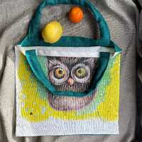 Linen Bag, Bag with Owl, Gift by Hand Bag, Cute Owl Shopping Bag, Beach Bag, Bag with Printed Owl