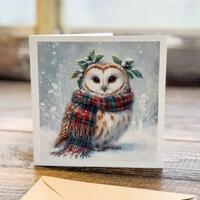 Scottish Christmas Owl Tartan Scarf LUXURY Fine Art Etching Greeting Card Scotland Winter Owl Small 