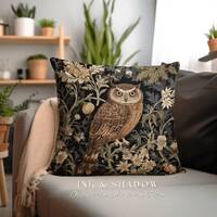 Dark Botanical Owl Pillow Woven | Whimsical William Morris Inspired Throw Pillow Aesthetic Goth Wove