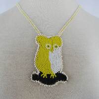 Vintage 70s Native Seed Beaded Owl Bird Leather Backing Large Pendant Wisdom Strength Necklace Retro
