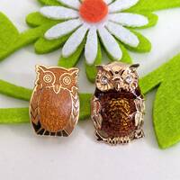 Pair of Small Vintage Enamel Owl Lapel or Scatter Pin Brooches- Brown Gold Tone Rhinestone Eyes Whim