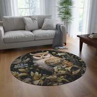 Magic Forest Owl Round Rug Whimsical Floral Owl Decorative Carpet Vintage Cottagecore Retro Country 