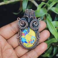 Copper Wire Owl Pendant: Yellow Turquoise Gemstone, Oxidized Finish